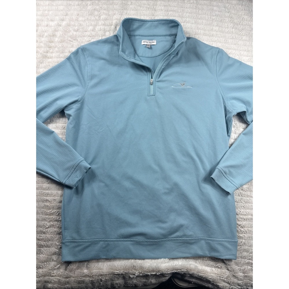 Peter Millar 1/4 Zip L Blue Performance Golf Travel Waffle Knit Pheasant Run GC